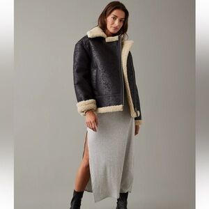 American Eagle AE Oversized Vegan Shearling Moto Jacket Black XL